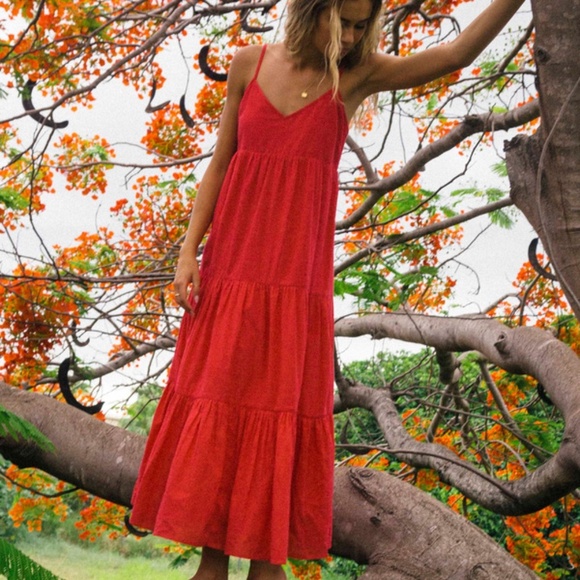 Billabong Dresses & Skirts - Billabong Dance Away Red Cotton Maxi Dress V-neckline